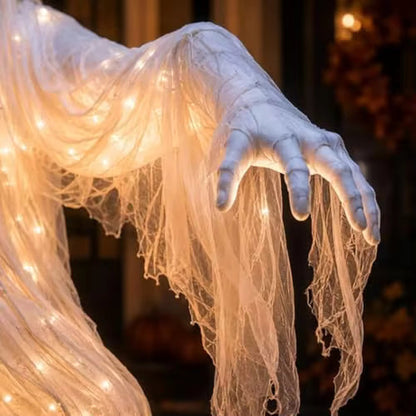 Lit Ghost Pumpkin Yard Lamp