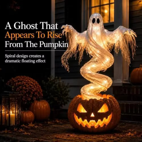 Lit Ghost Pumpkin Yard Lamp