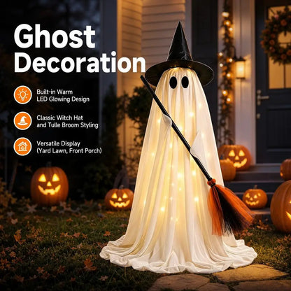 Lit Ghost Witch Broom Light