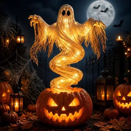 Lit Ghost Pumpkin Yard Lamp
