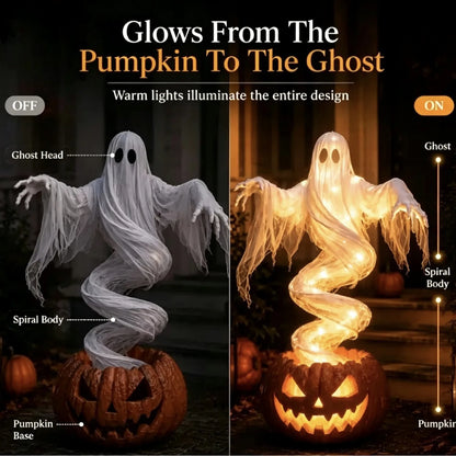 Lit Ghost Pumpkin Yard Lamp