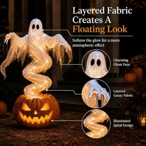 Lit Ghost Pumpkin Yard Lamp